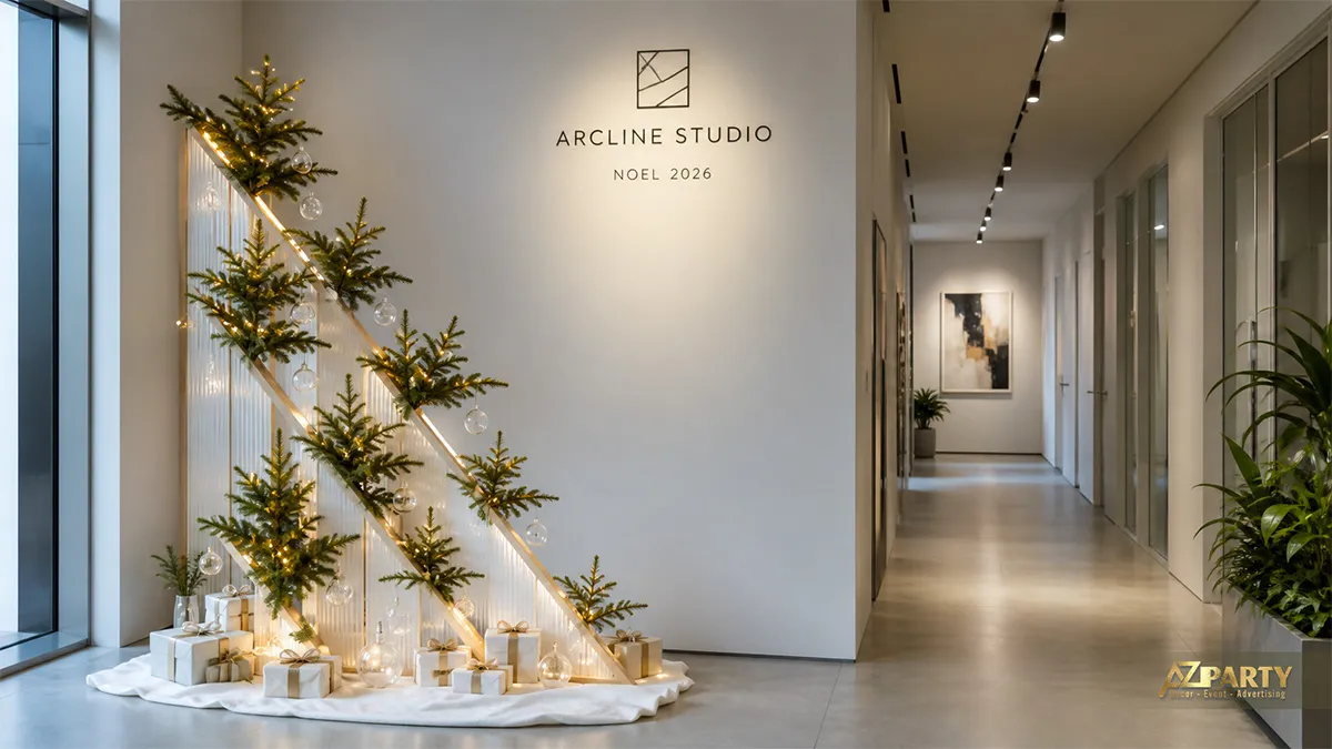 Hành lang Arcline Studio trang trí các nhánh thông nhỏ trên mảng lam chéo có đèn