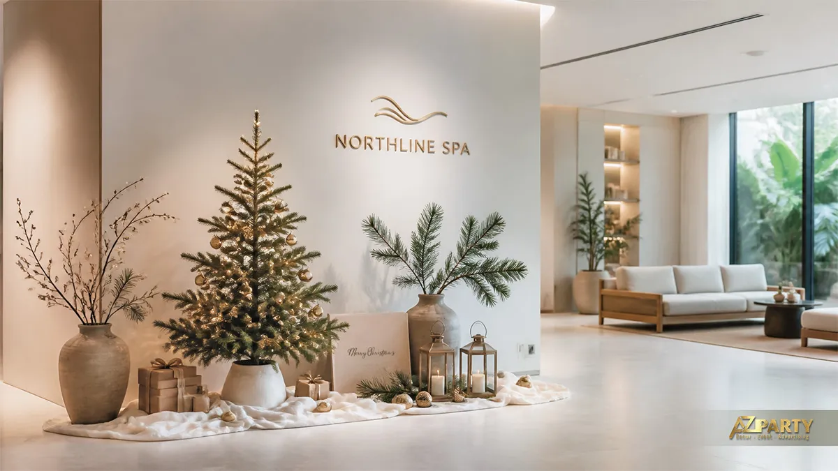 Sảnh Northline Spa với cây thông tối giản, đèn vàng, đèn lồng và quà trung tính