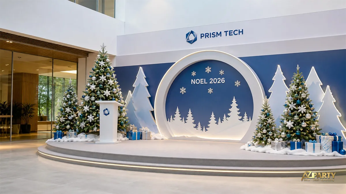 Khu sảnh Prism Tech với nền tròn xanh trắng, cây thông và bục trưng bày