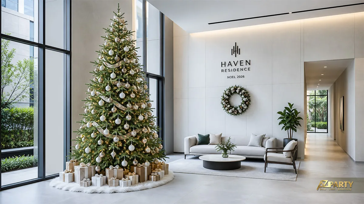 Sảnh Haven Residence với cây thông trắng vàng phủ ruy băng đặt cạnh khu ghế ngồi