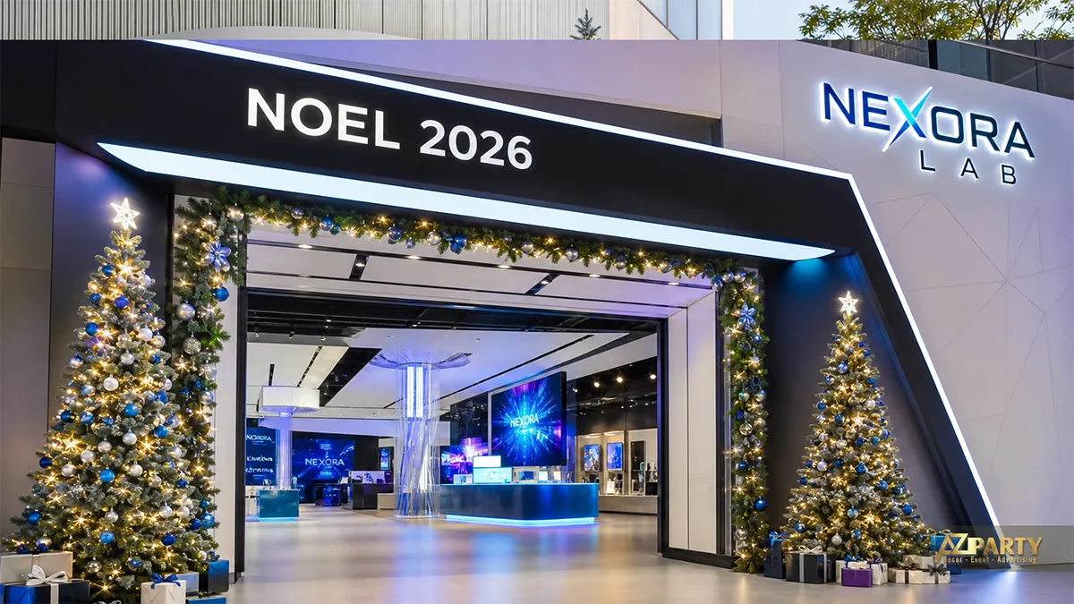 Mặt tiền Nexora Lab với khung cửa màu đen và hai cây thông xanh bạc có đèn