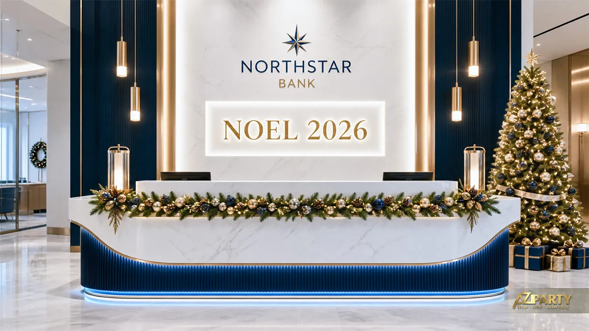 Quầy lễ tân Northstar Bank với cây thông xanh bạc vàng và vòng đèn chạy trên tường