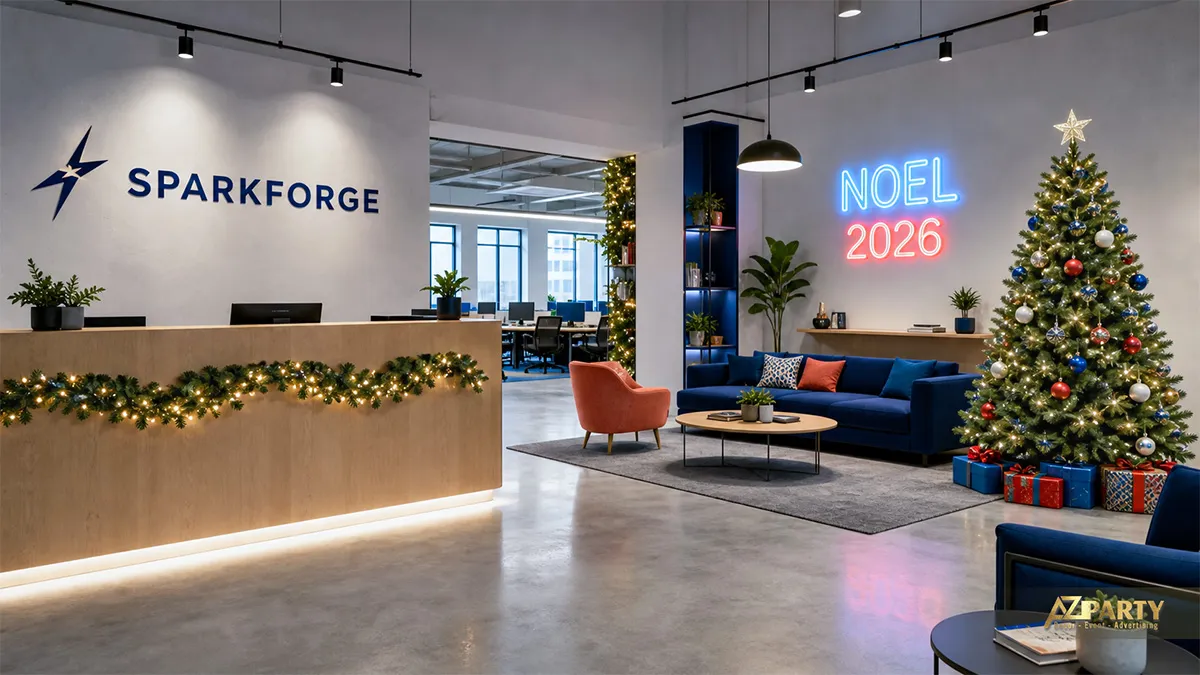 Khu làm việc Sparkforge trang trí vòng lá, cây thông và bảng chữ Noel 2026