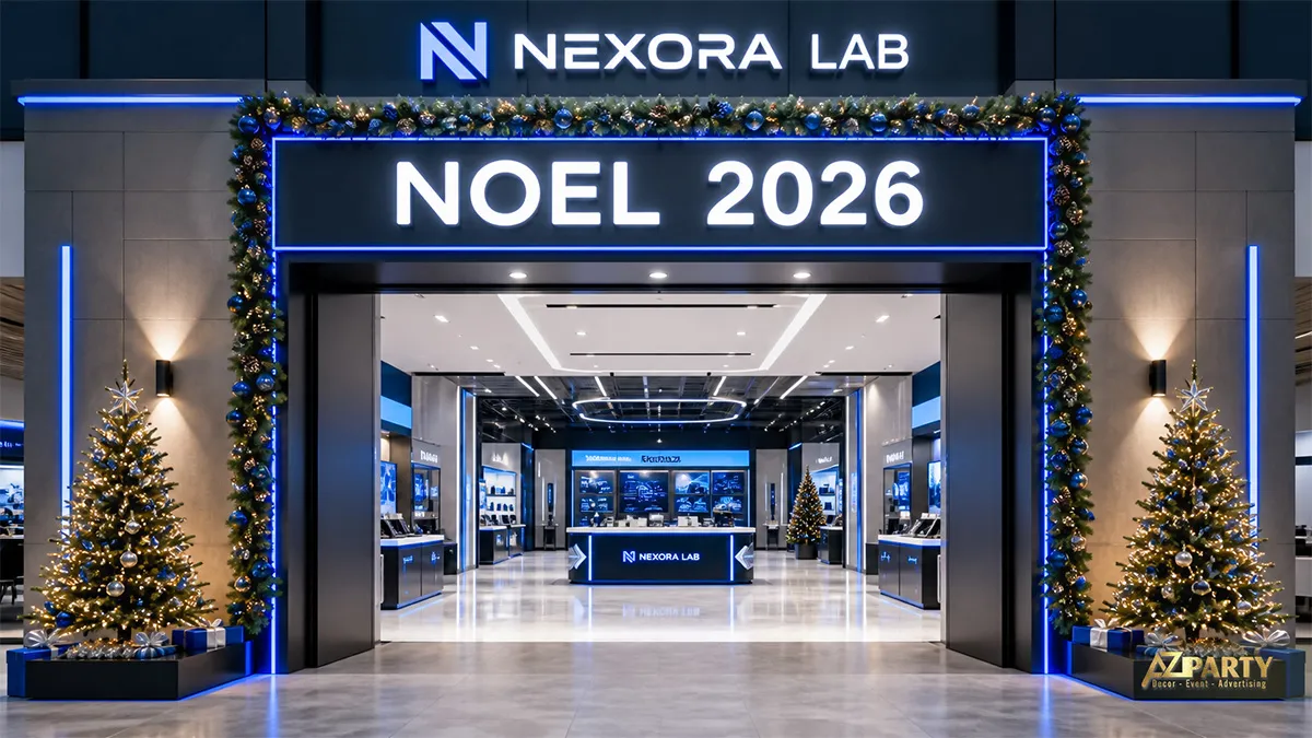 Lối vào Nexora Lab trang trí vòng lá xanh xanh navy và hai cây thông hai bên