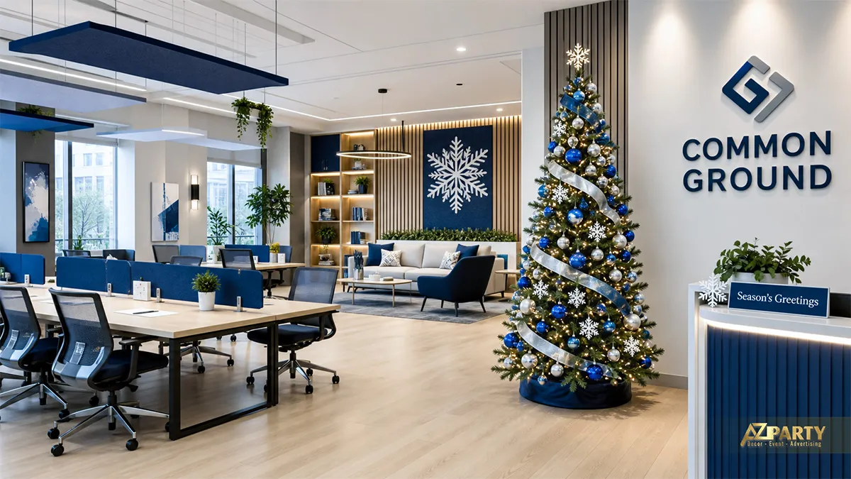 Khu lounge Common Ground với cây thông xanh bạc, ghế ngồi và mảng bông tuyết xanh navy