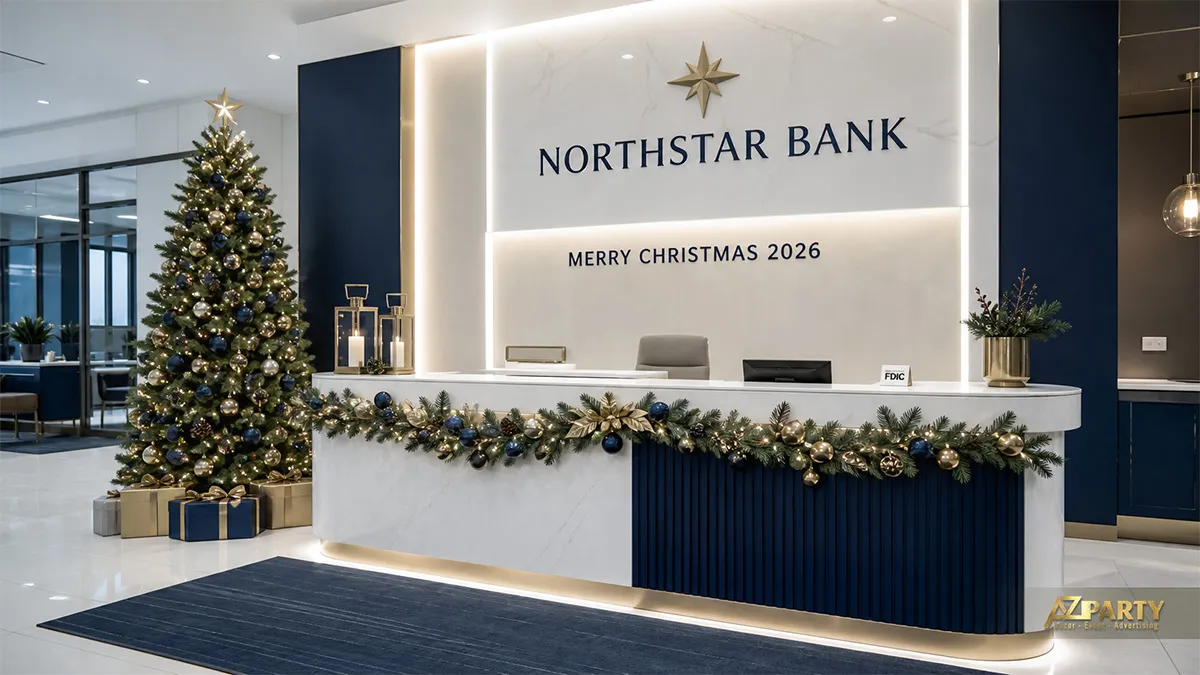 Quầy lễ tân Northstar Bank với cây thông xanh bạc vàng, vòng lá và mảng nhận diện sáng