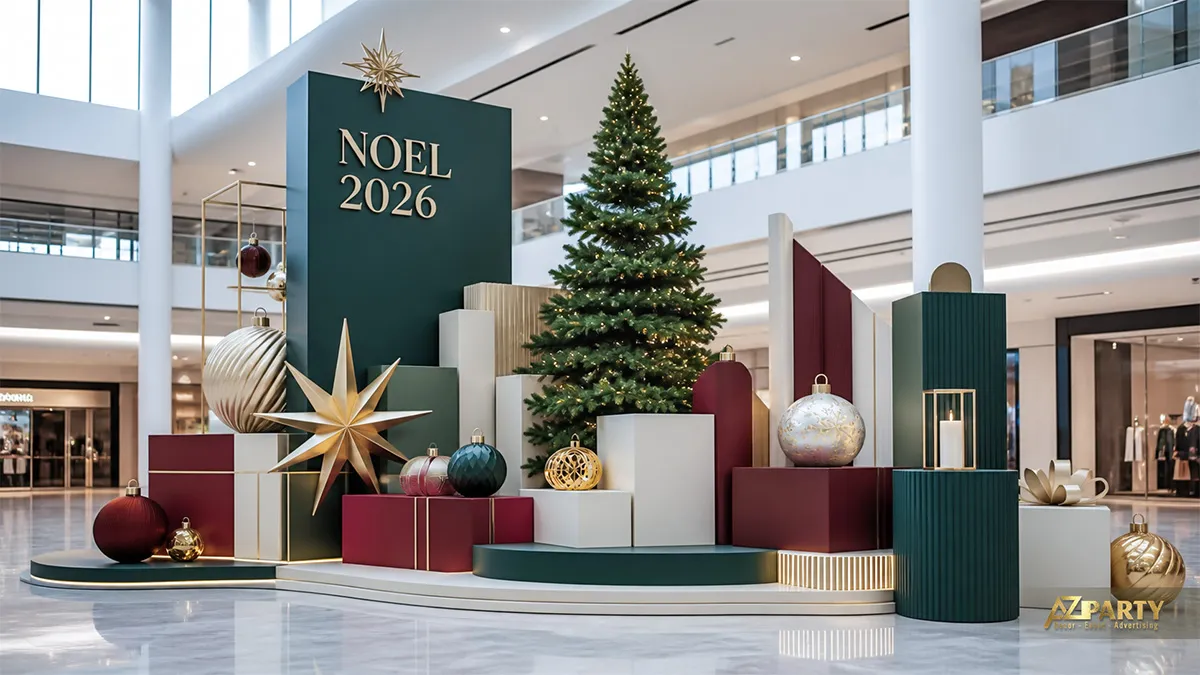 Khu trưng bày Noel trong trung tâm thương mại với cây thông, mảng nền xanh đỏ và quả châu lớn
