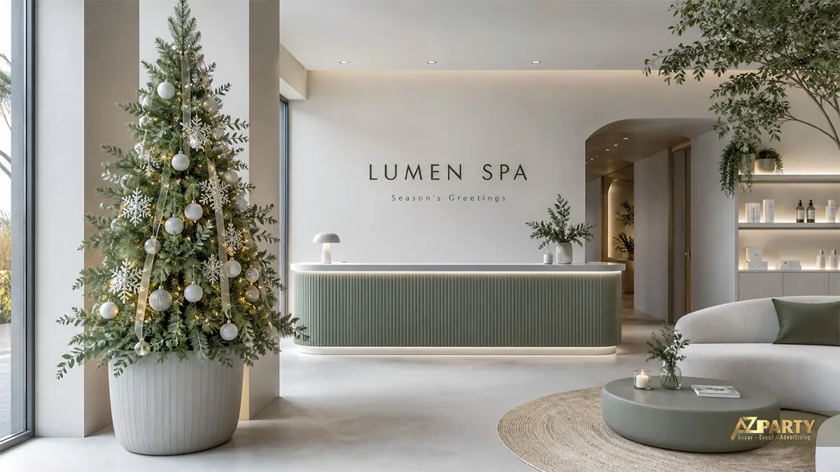 Sảnh Lumen Spa với cây thông xanh sage, phụ kiện trắng, bàn lễ tân và khu ghế ngồi