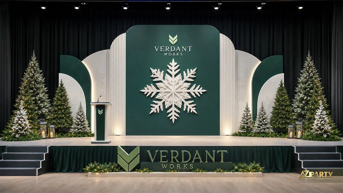 Sân khấu Verdant Works với nền xanh trắng, bông tuyết lớn, bục phát biểu và nhiều cây thông