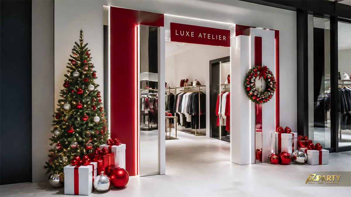 Mặt tiền Luxe Atelier với mảng đỏ trắng, cây thông, vòng nguyệt quế và hộp quà