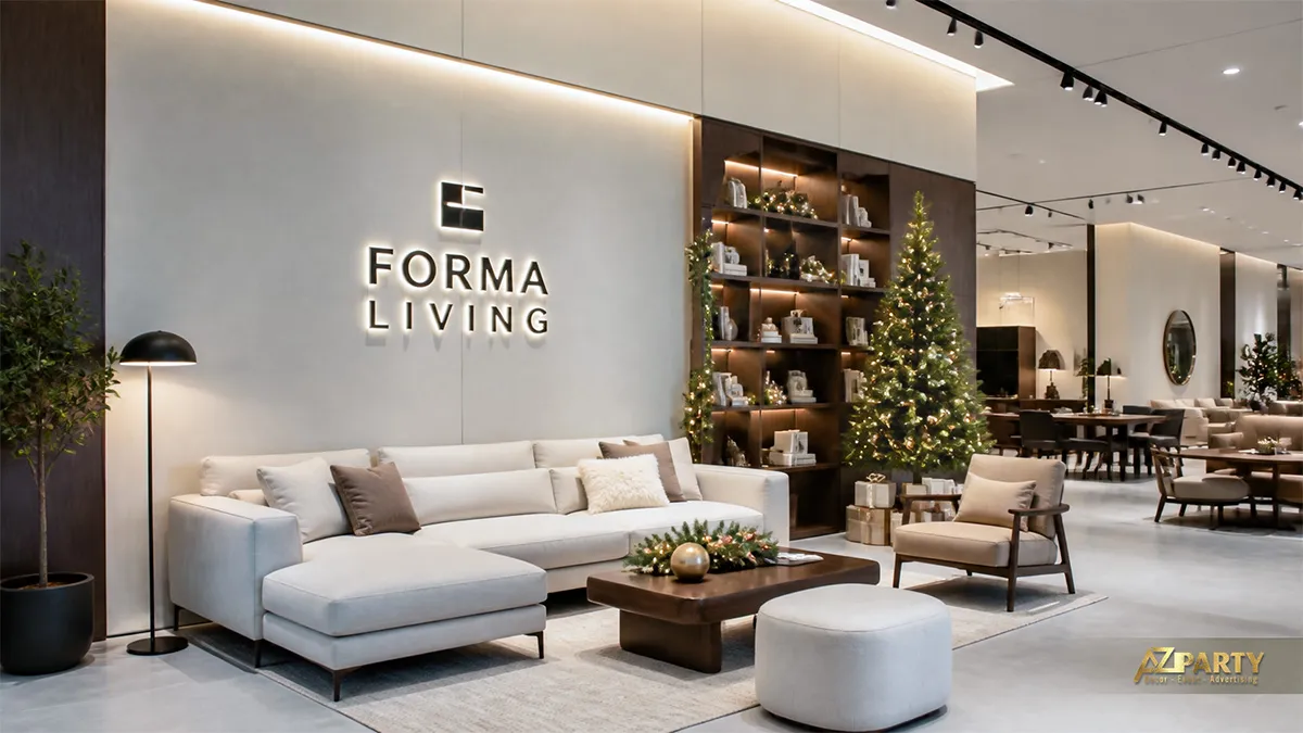 Sảnh Forma Living với hai cây thông nhỏ, sofa sáng màu và nội thất hiện đại