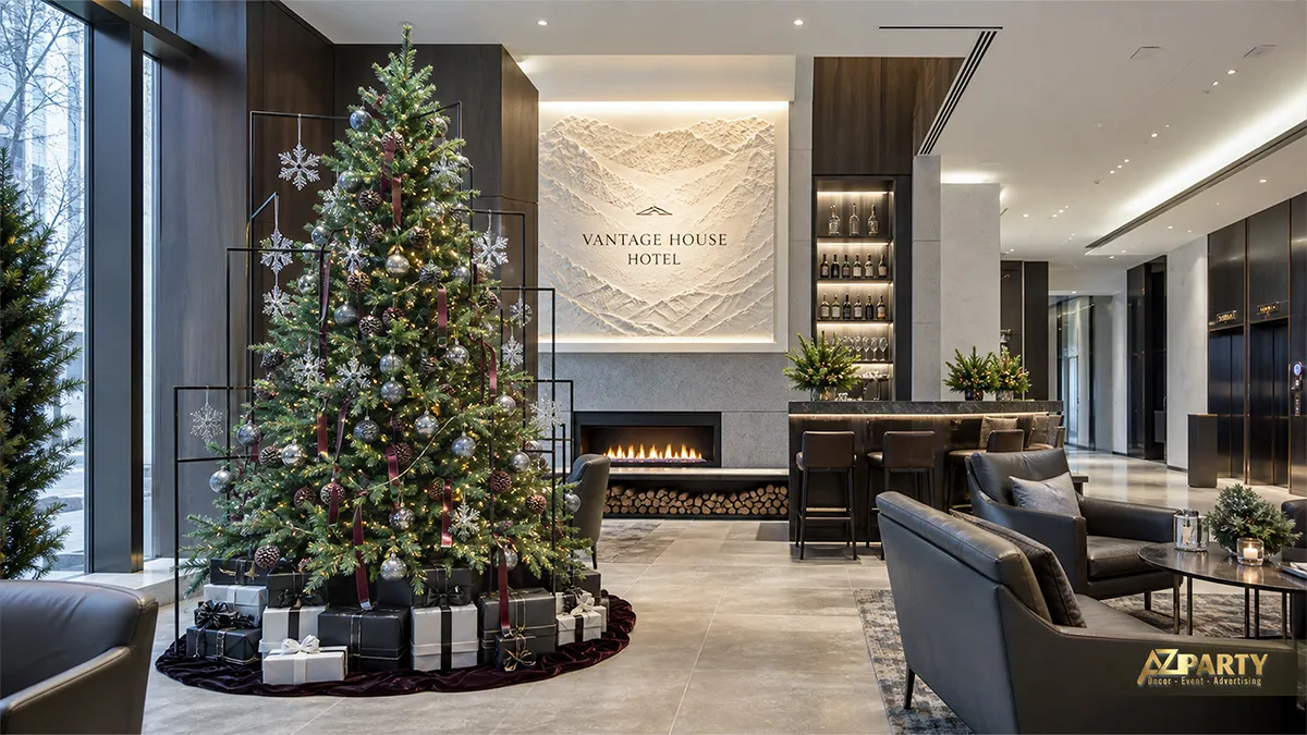 Sảnh lounge khách sạn với cây thông, quà Noel và lò sưởi