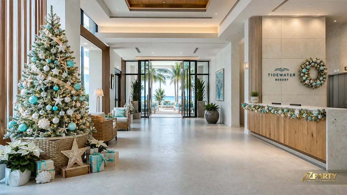 Sảnh resort sáng màu với cây thông xanh ngọc, vòng nguyệt quế và gói quà