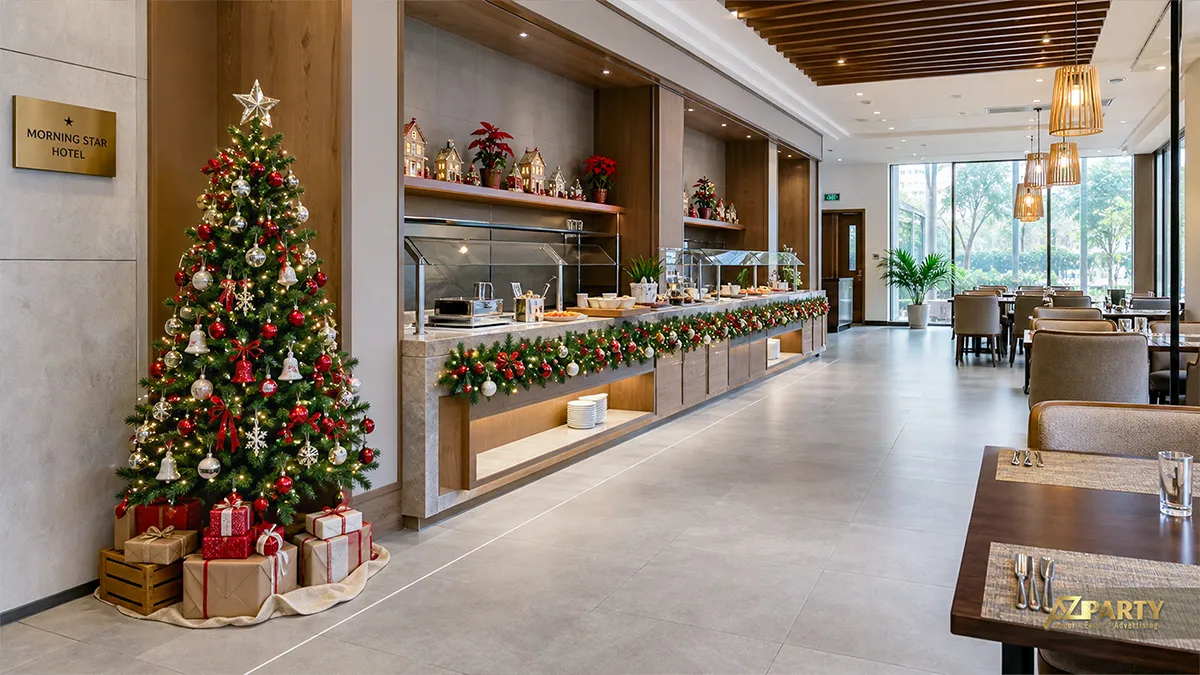 Khu buffet khách sạn với dây thông trên quầy, cây thông và hộp quà