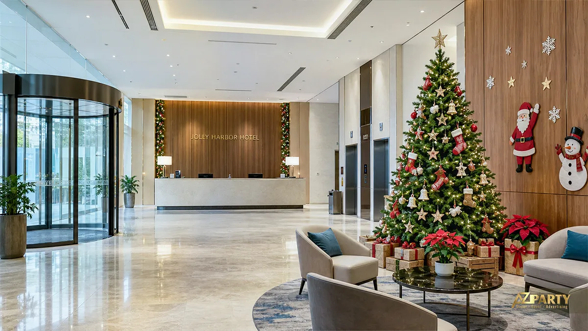 Đại sảnh khách sạn với cây thông, ông già Noel và mảng cửa kính cao
