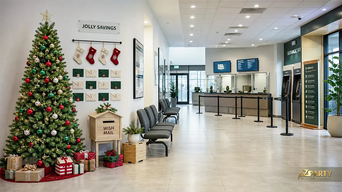 Khu ghế chờ ngân hàng với cây thông, hộp quà và mảng tường tất Noel