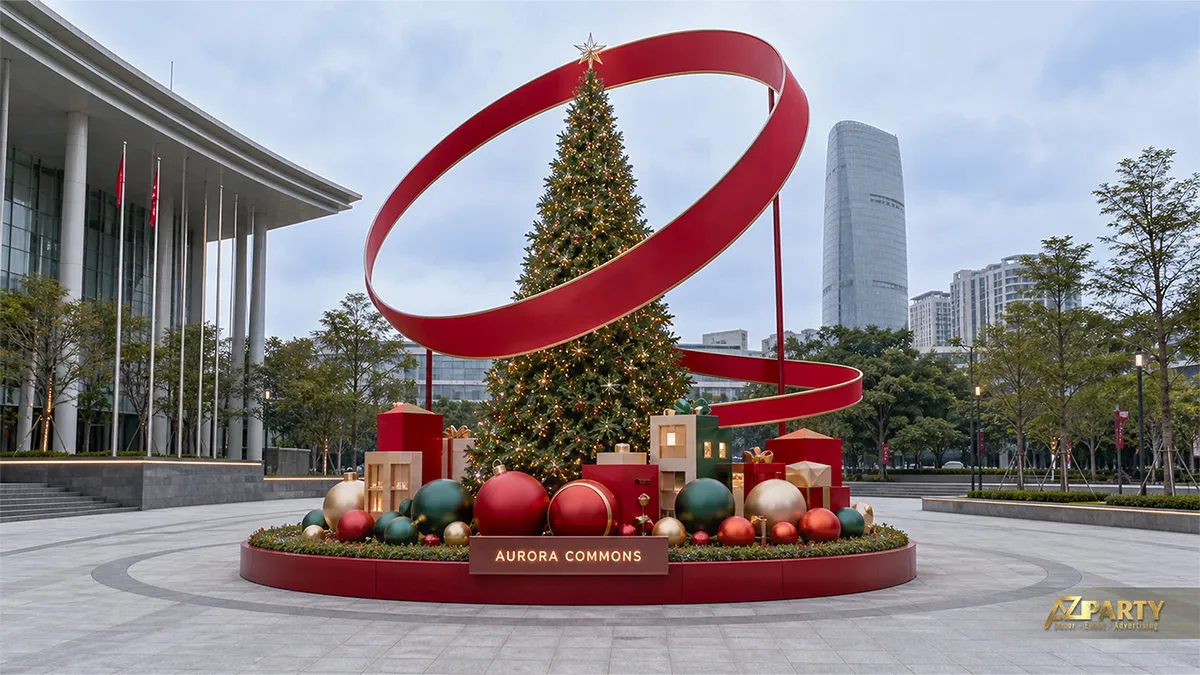 Tiểu cảnh Noel ngoài trời với cây thông lớn, dải ruy băng đỏ xoắn và quả châu khổng lồ