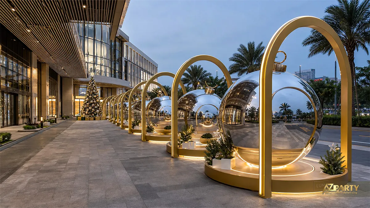 Lối đi ngoài trời với các khung vòm vàng, quả châu phản chiếu và cây thông Noel