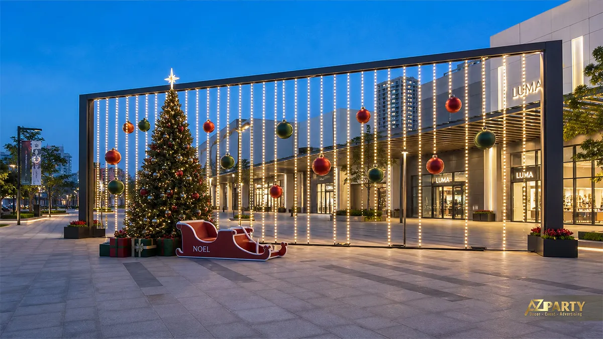 Khung đèn Noel ngoài trời với cây thông, rèm đèn rủ, quả châu và xe trượt tuyết