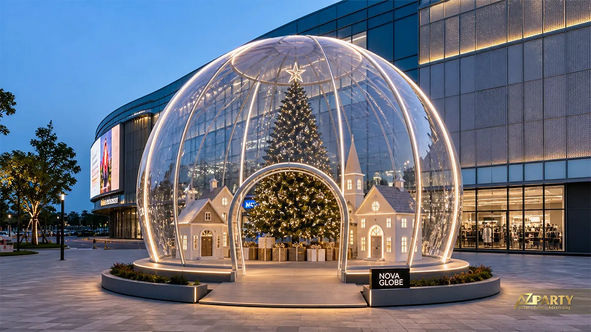 Quả cầu tuyết khổng lồ ngoài trời bao quanh cây thông và mô hình làng Noel