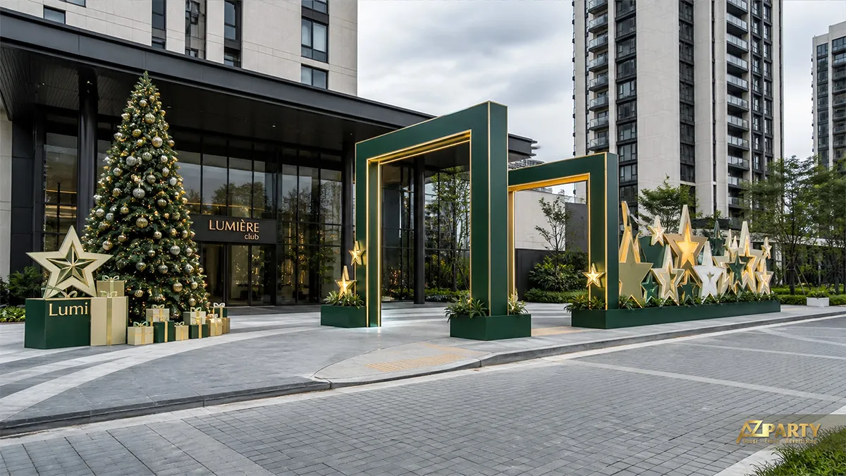 Cụm khung check-in xanh rêu viền vàng, sao phát sáng và cây thông Noel