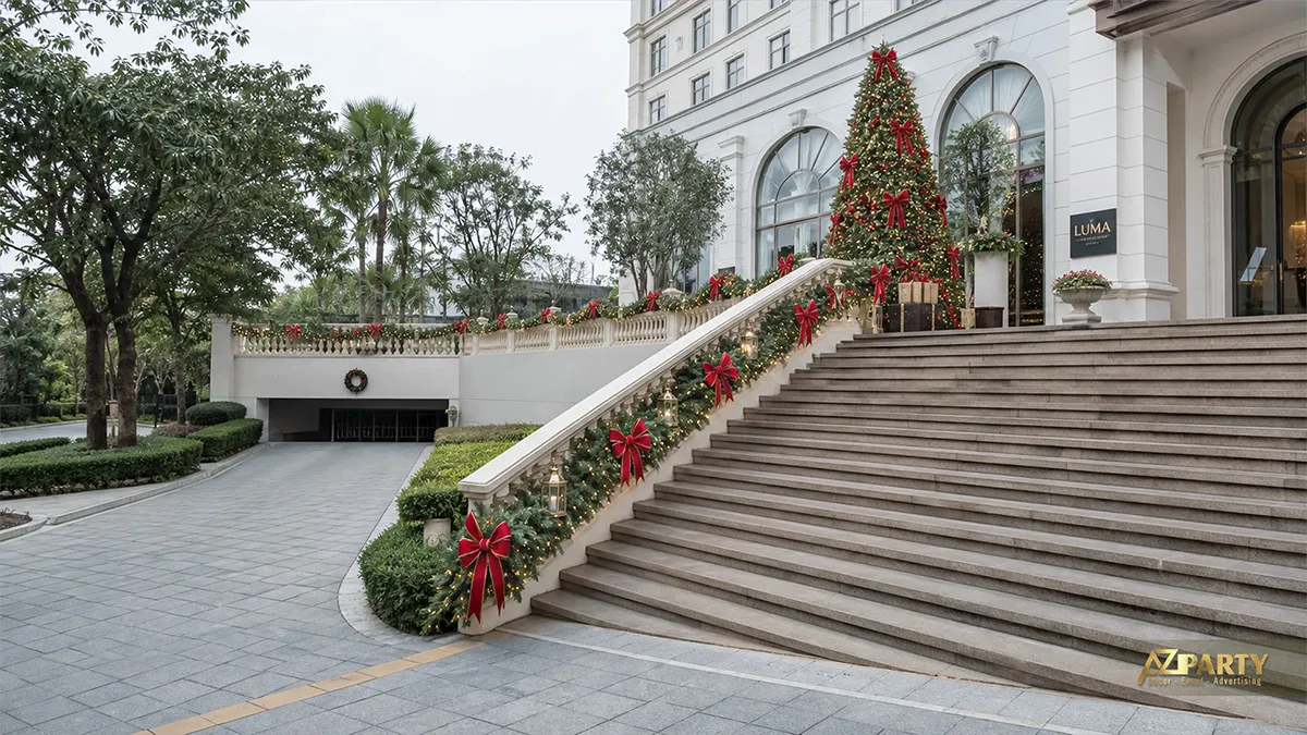 Lối bậc thang khách sạn với dây thông, nơ đỏ và cây thông Noel lớn