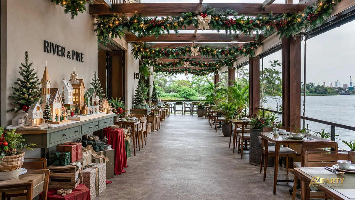 Hiên nhà hàng ven sông treo dây lá Noel và bày làng nhà gỗ trên quầy