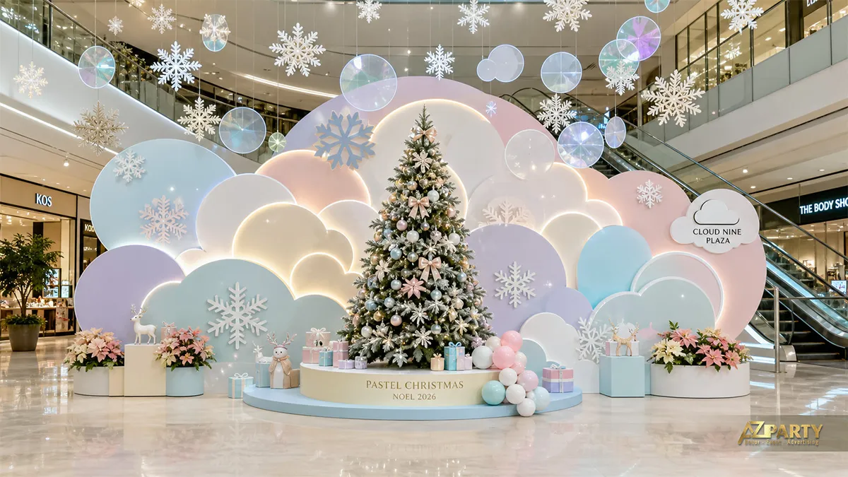 Sảnh Cloud Nine Plaza với nền mây pastel, cây thông trung tâm và bông tuyết treo