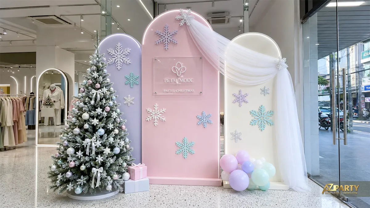 Mặt tiền Petal Mode với mảng hồng tím trắng, rèm, cây thông pastel và bóng bay