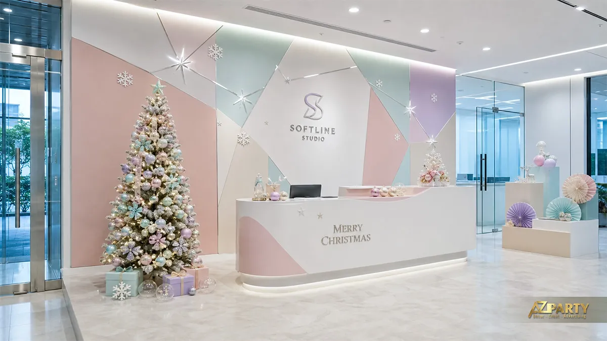 Quầy lễ tân Softline Studio với mảng pastel hình học, cây thông và bục trưng bày