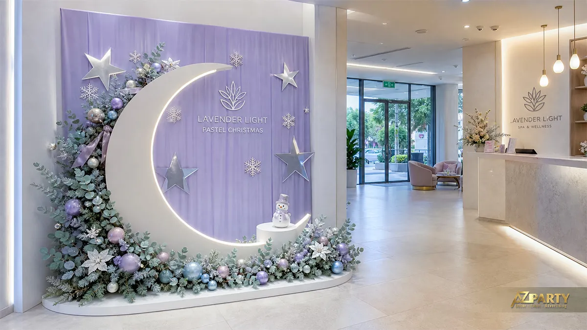 Quầy Lavender Light Spa với nền trăng lưỡi liềm tím, cây thông và ngôi sao bạc