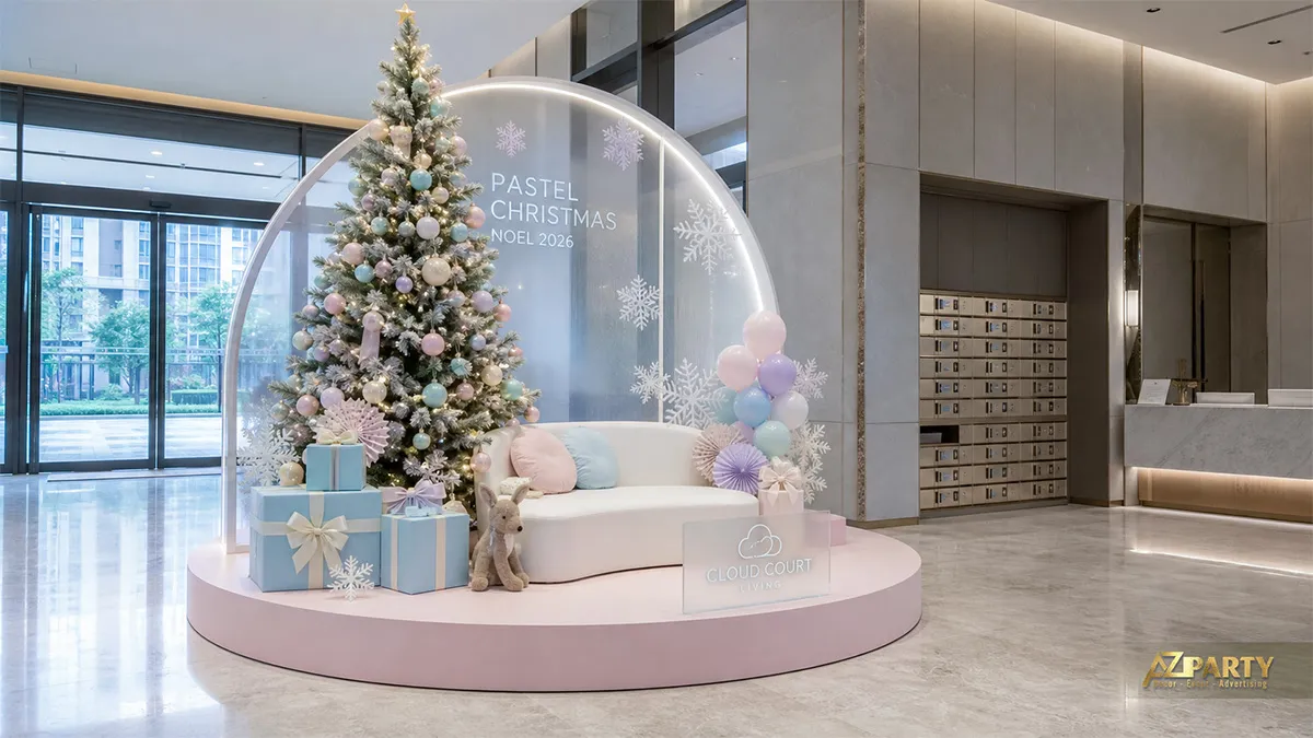 Sảnh Cloud Court Living với mái vòm trong, cây thông pastel, ghế và hộp quà
