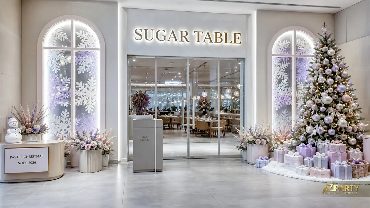 Lối vào Sugar Table với nền pastel, cây thông, bông tuyết, hoa và quà