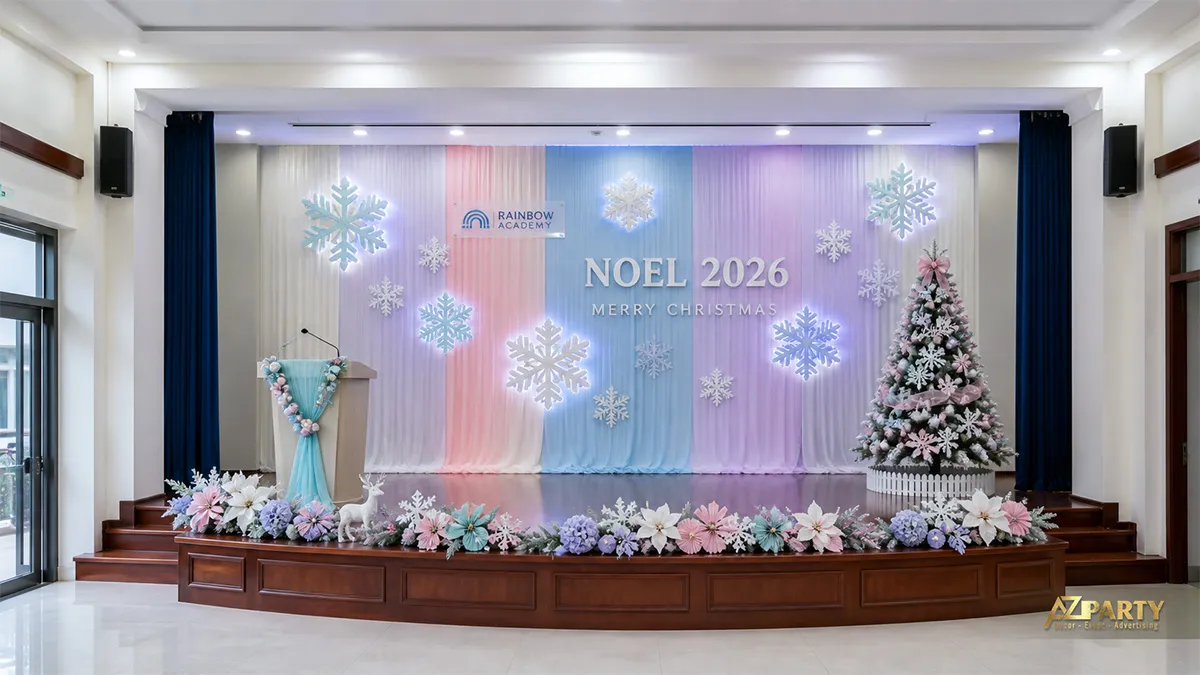 Sân khấu Rainbow Academy với rèm pastel, bông tuyết treo, cây thông và hoa