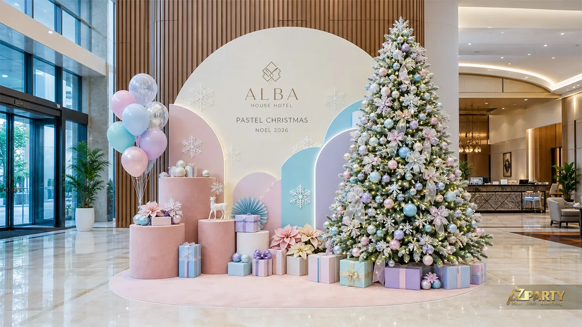 Sảnh Alba House với nền tròn, vòm pastel, cây thông lớn và bục quà