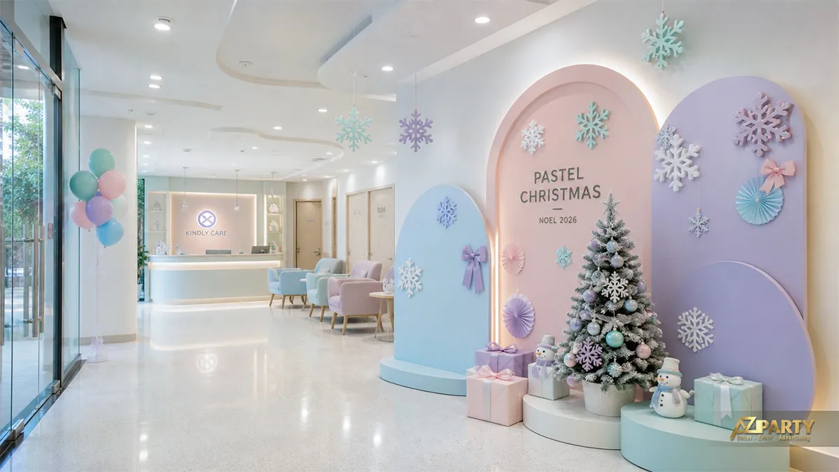 Quầy lễ tân Kindly Care với mảng vòm pastel, cây thông nhỏ, hộp quà và người tuyết