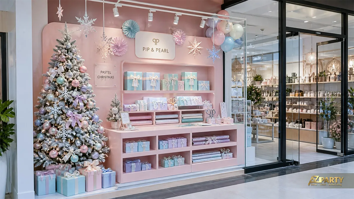 Mặt tiền Pip and Pearl với tường hồng, cây thông pastel, phụ kiện và kệ quà