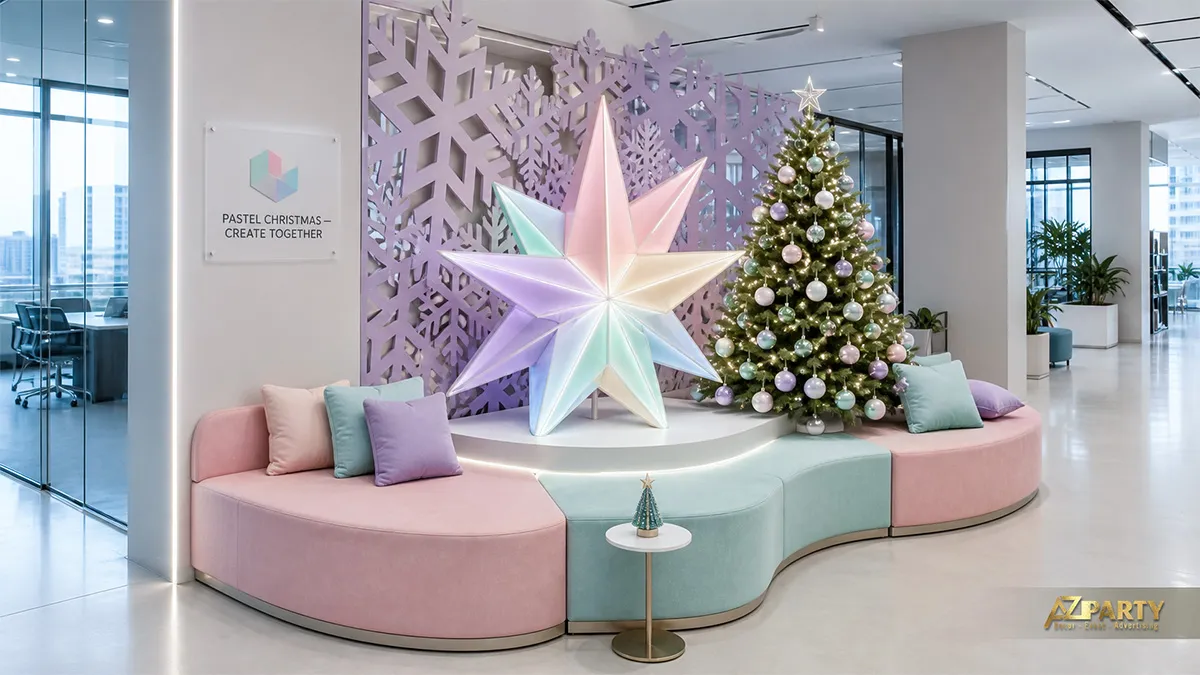 Khu lounge văn phòng với ghế pastel, ngôi sao phát sáng và cây thông trên nền bông tuyết