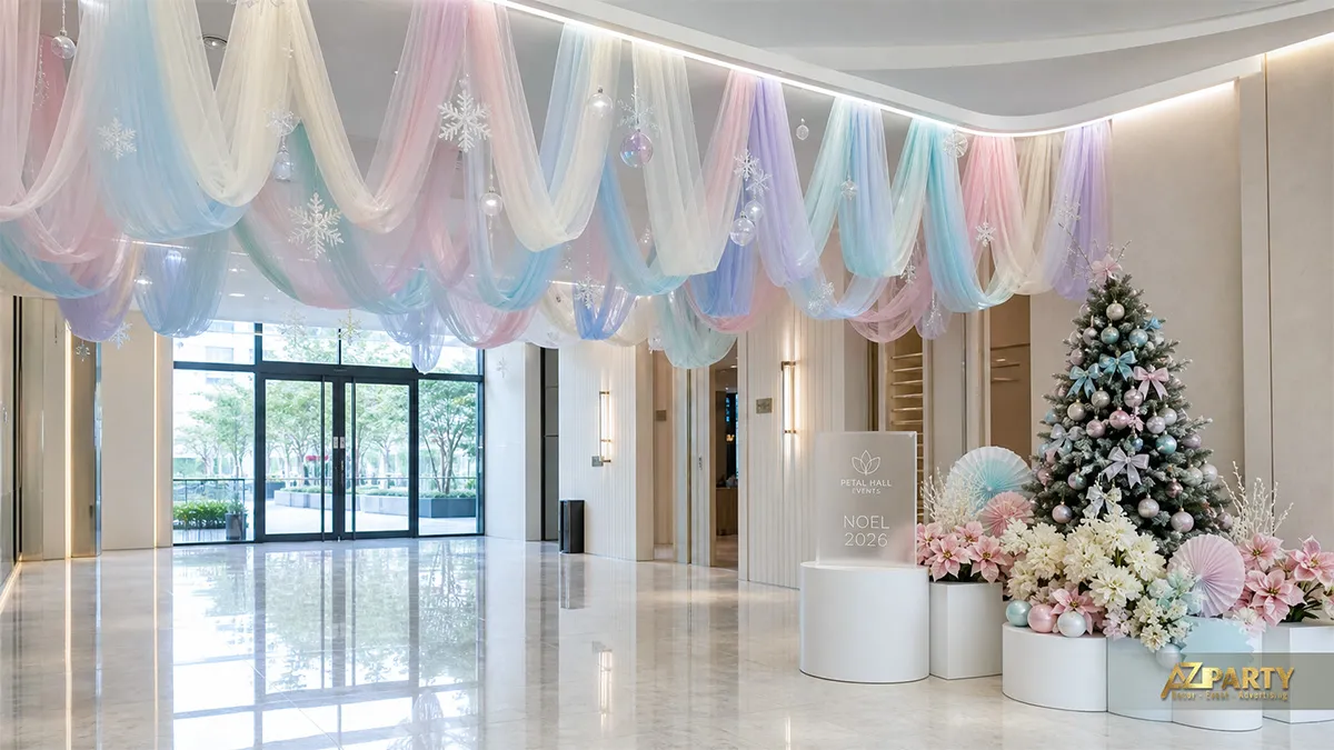 Sảnh Petal Hall với rèm trần pastel, cây thông, hoa và các bục trang trí