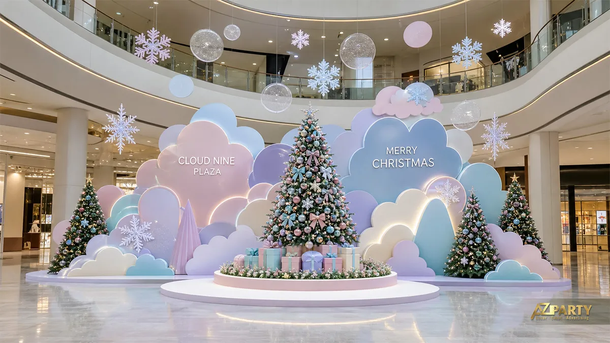 Sảnh Cloud Nine Plaza với nền mây, cây thông trung tâm, cây nhỏ và bông tuyết treo