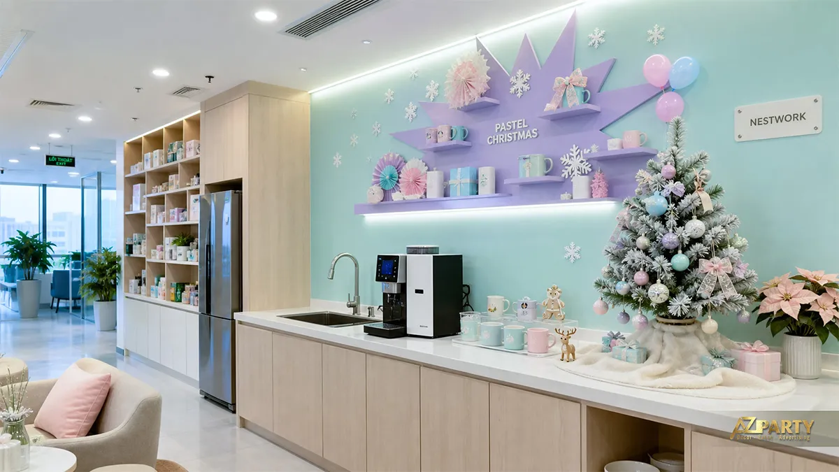 Khu pantry Netstwork với kệ màu mint, cây thông pastel và quầy cà phê