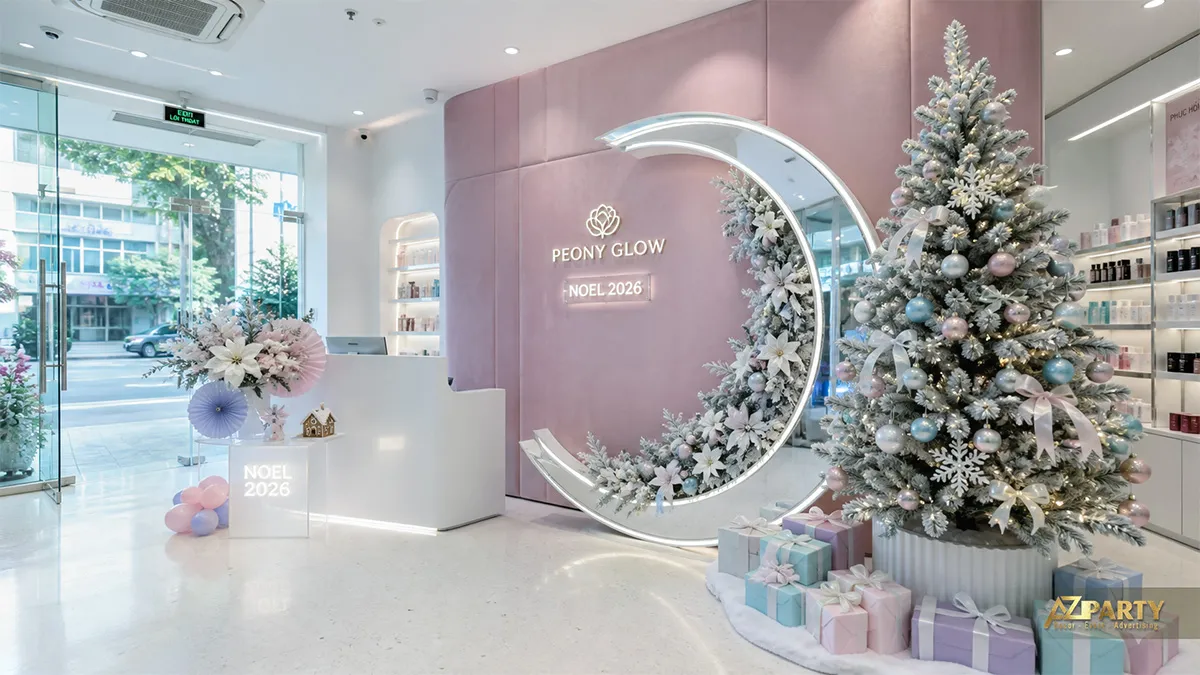 Quầy Peony Glow với tường hồng, gương trăng lưỡi liềm và cây thông pastel