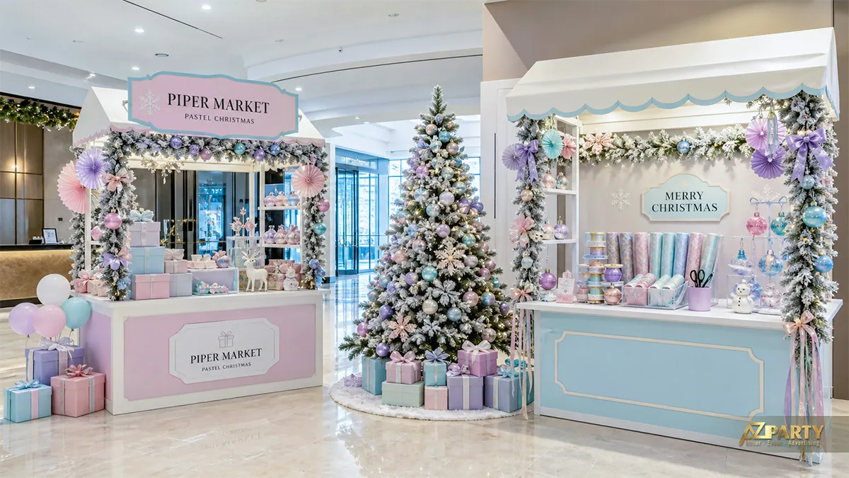 Quầy mùa Noel Piper Market với bàn pastel, cây thông trung tâm và khu quà