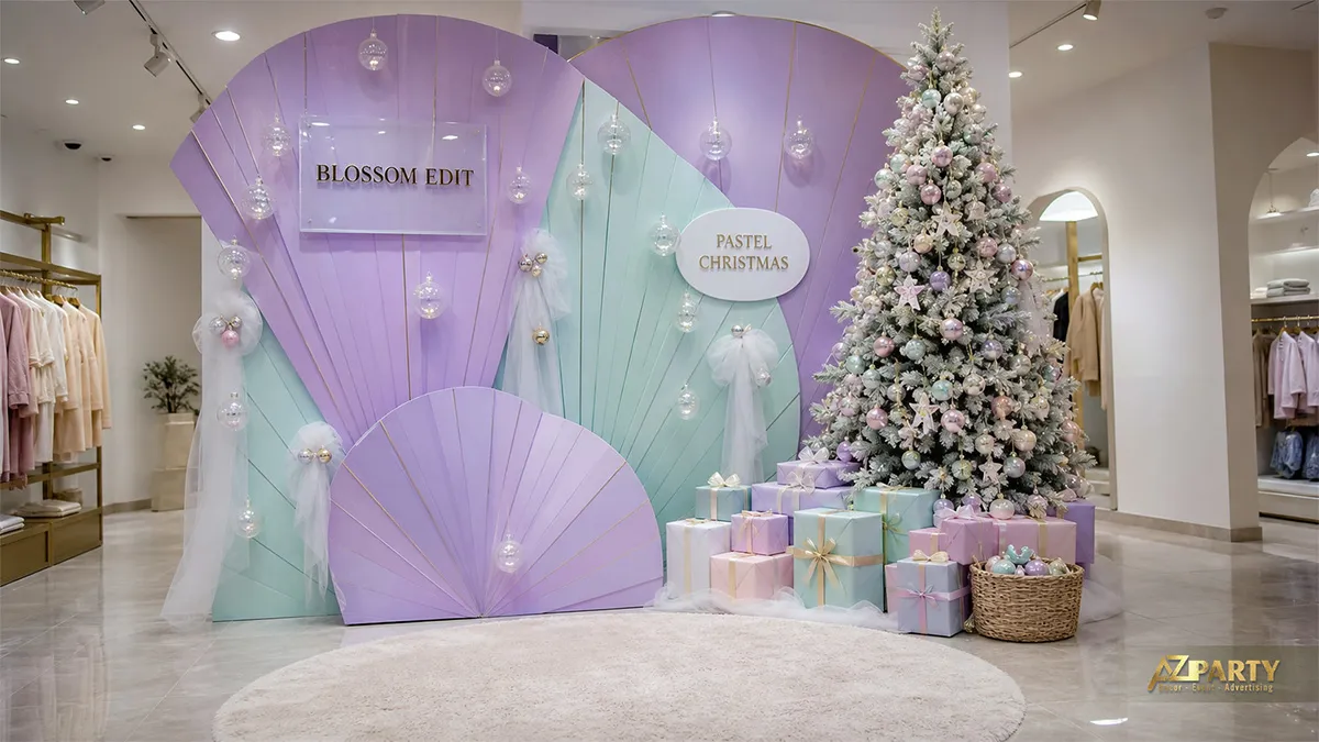 Mặt tiền Blossom Edit với mảng quạt pastel, cây thông, đồ treo trong suốt và quà