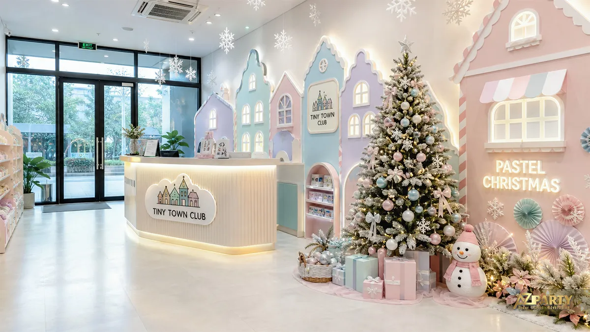 Quầy lễ tân Tiny Town Club với mô hình phố pastel, cây thông và người tuyết