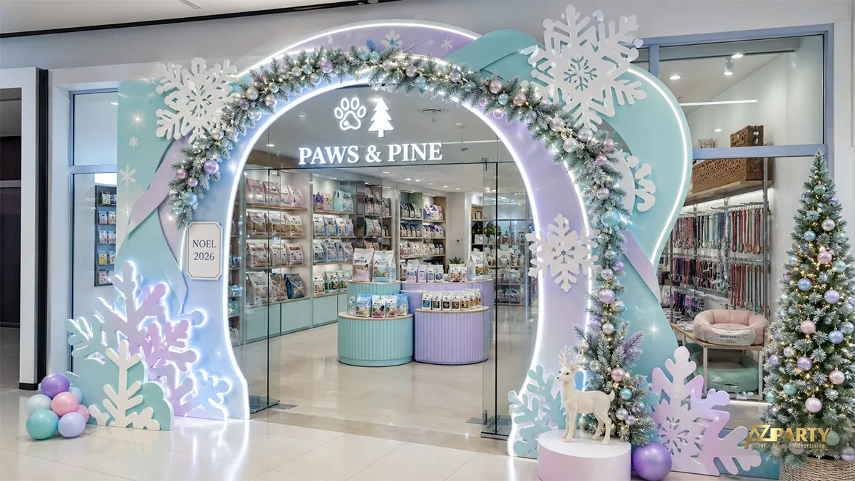 Mặt tiền Paws and Pine với vòm bông tuyết pastel và các cây thông nhỏ