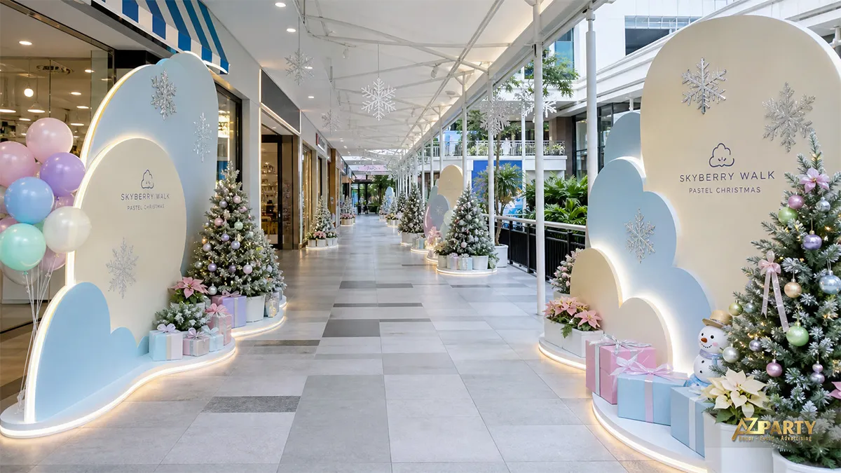 Hành lang mua sắm Skyberry Walk với mảng mây pastel, cây thông và ghế