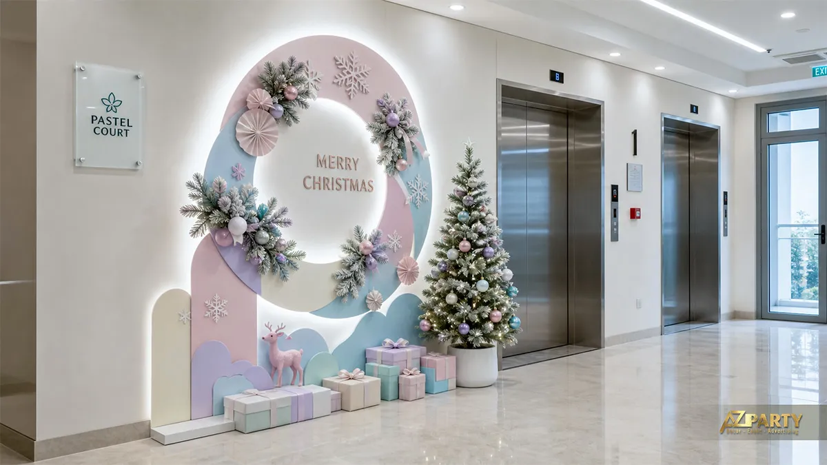 Sảnh thang máy Pastel Court với nền tròn pastel, cây thông, tuần lộc và quà