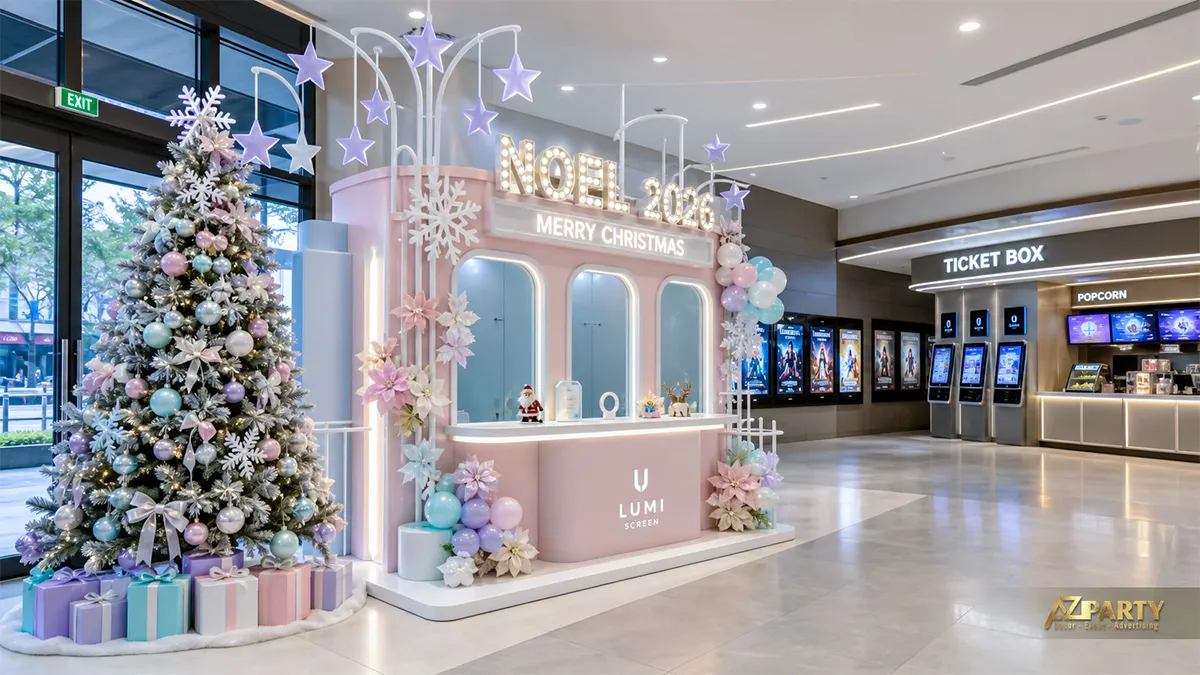 Sảnh Lumi Screen với quầy vé pastel, cây thông lớn và ngôi sao treo