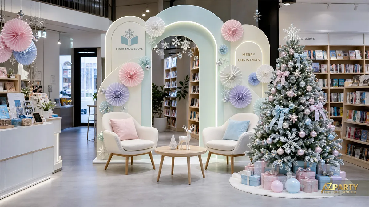 Lối vào Story Snow Books với vòm mint trắng, ghế ngồi, cây thông pastel và phụ kiện